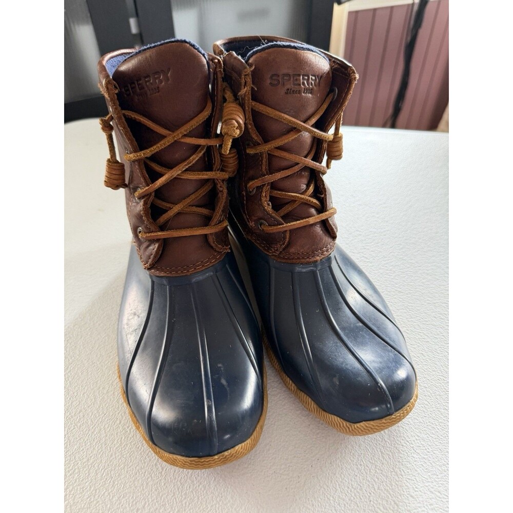 Sperry Saltwater Core Duck Boots Womens 7 M Tan Navy Leather Waterproof STS91175